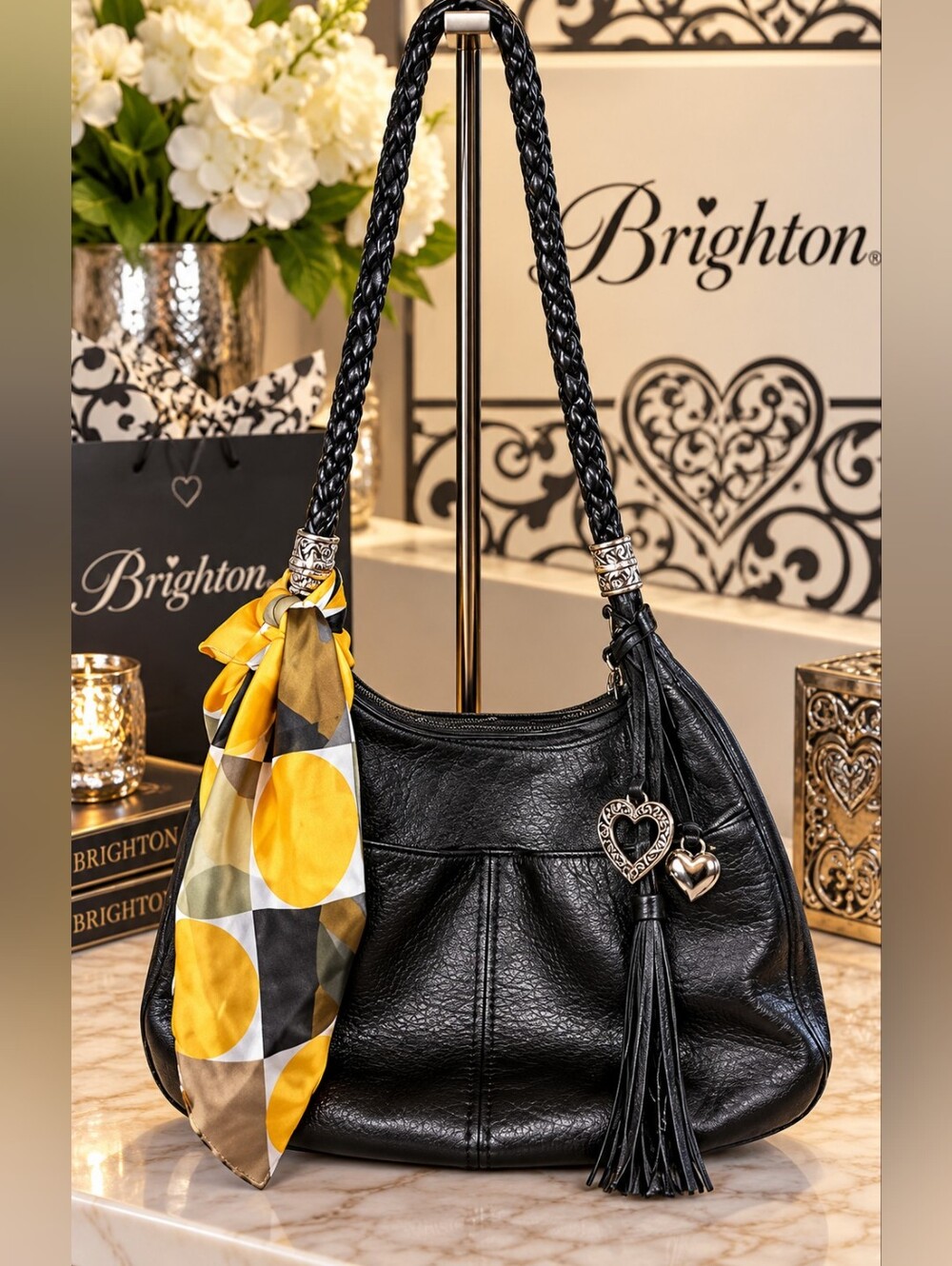 Brighton Black Leather Shoulder Bag with Silver Hardware PLC